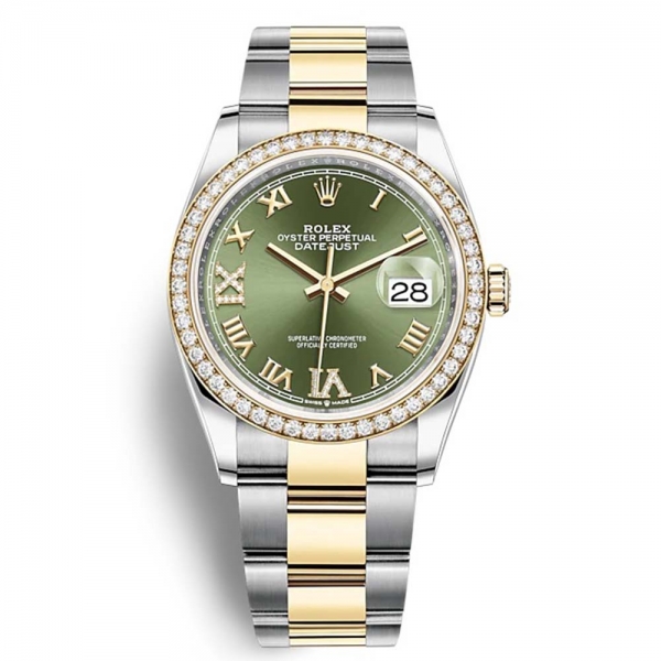 Rolex Men Datejust Classic Watches Oyster 36 mm in Oystersteel Yellow Gold and Diamonds-Green (1)