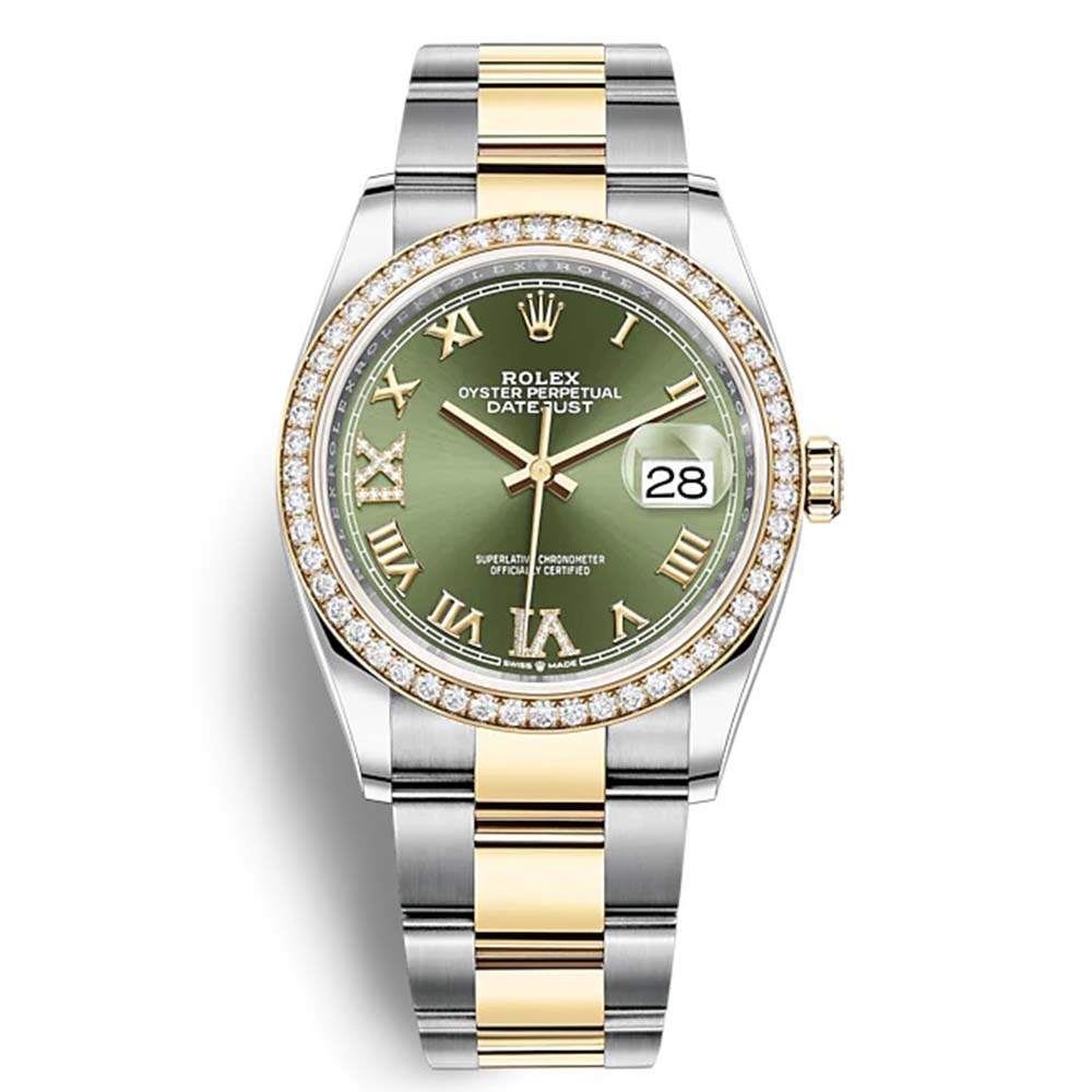 Rolex Men Datejust Classic Watches Oyster 36 mm in Oystersteel Yellow Gold and Diamonds-Green (1)