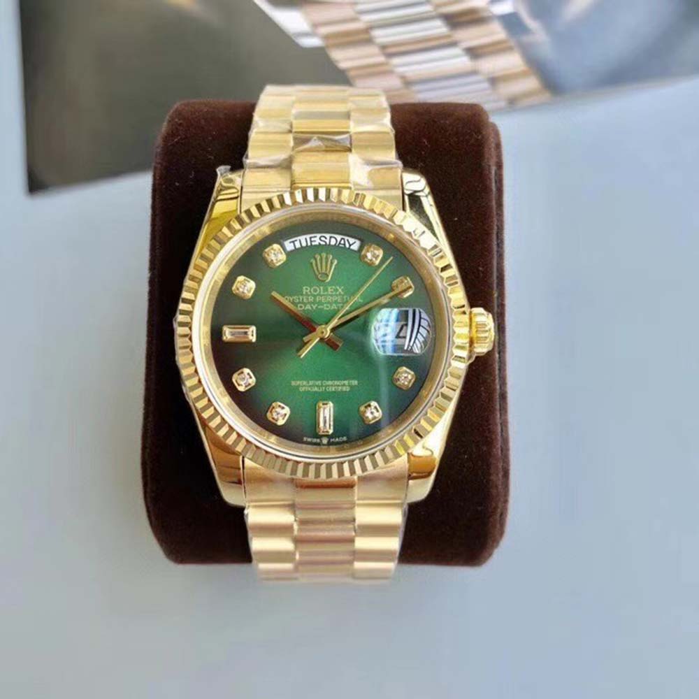 Rolex Men Day-Date Classic Watches Oyster 36 mm in Yellow Gold-Green (2)