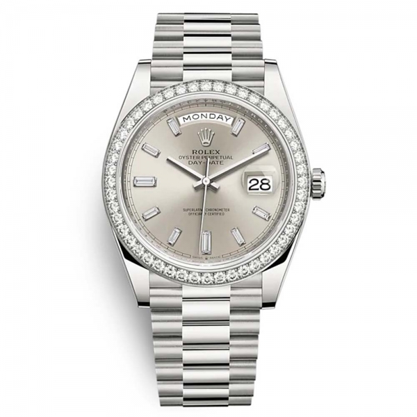 Rolex Men Day-Date Classic Watches Oyster 40 mm in White Gold and Diamonds-Silver