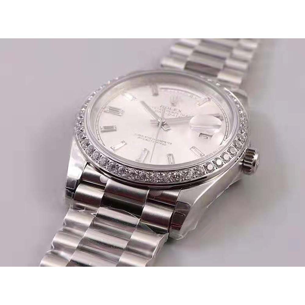 Rolex Men Day-Date Classic Watches Oyster 40 mm in White Gold and Diamonds-Silver (3)