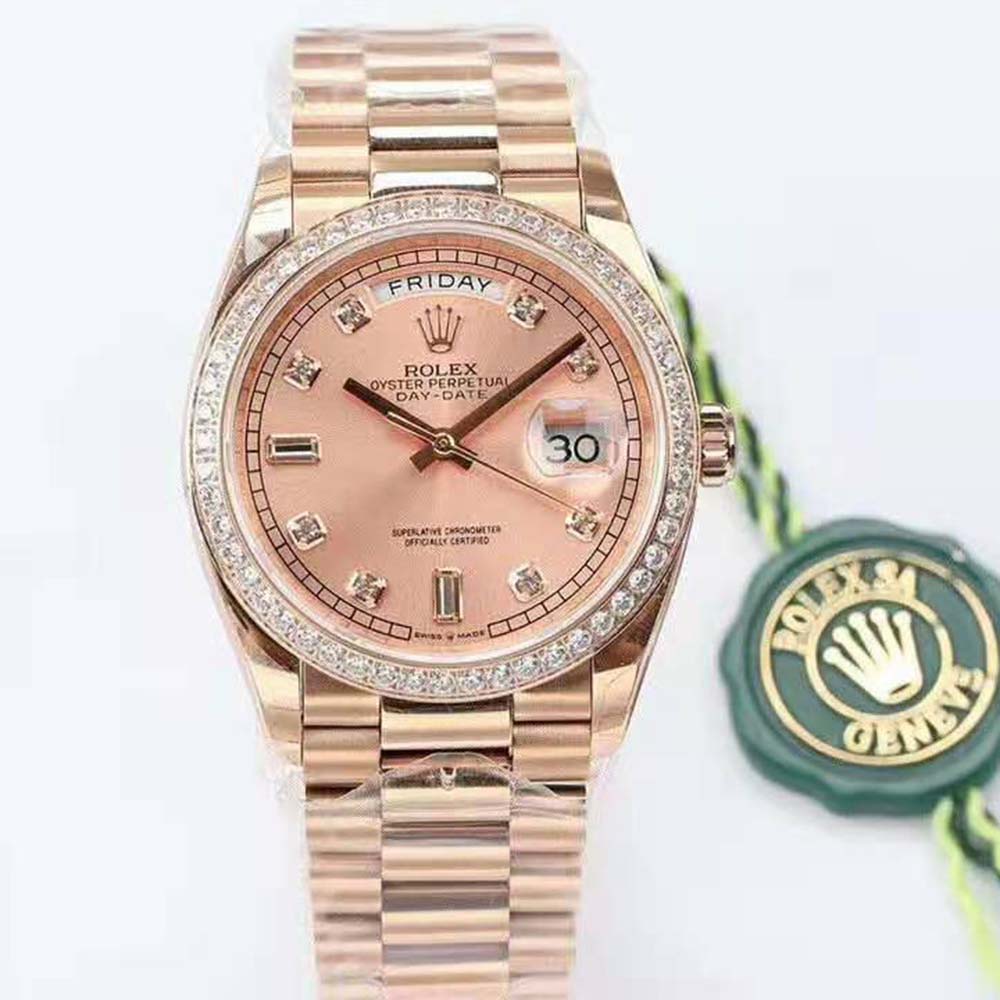 Rolex Women Day-Date Classic Watches Oyster 36 mm in Everose Gold and Diamonds-Pink (2)