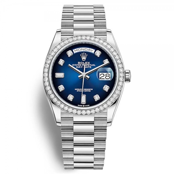 Montres Rolex Day-Date Classic pour femmes, modèle Oyster 36 mm, en or blanc et diamants, bleu