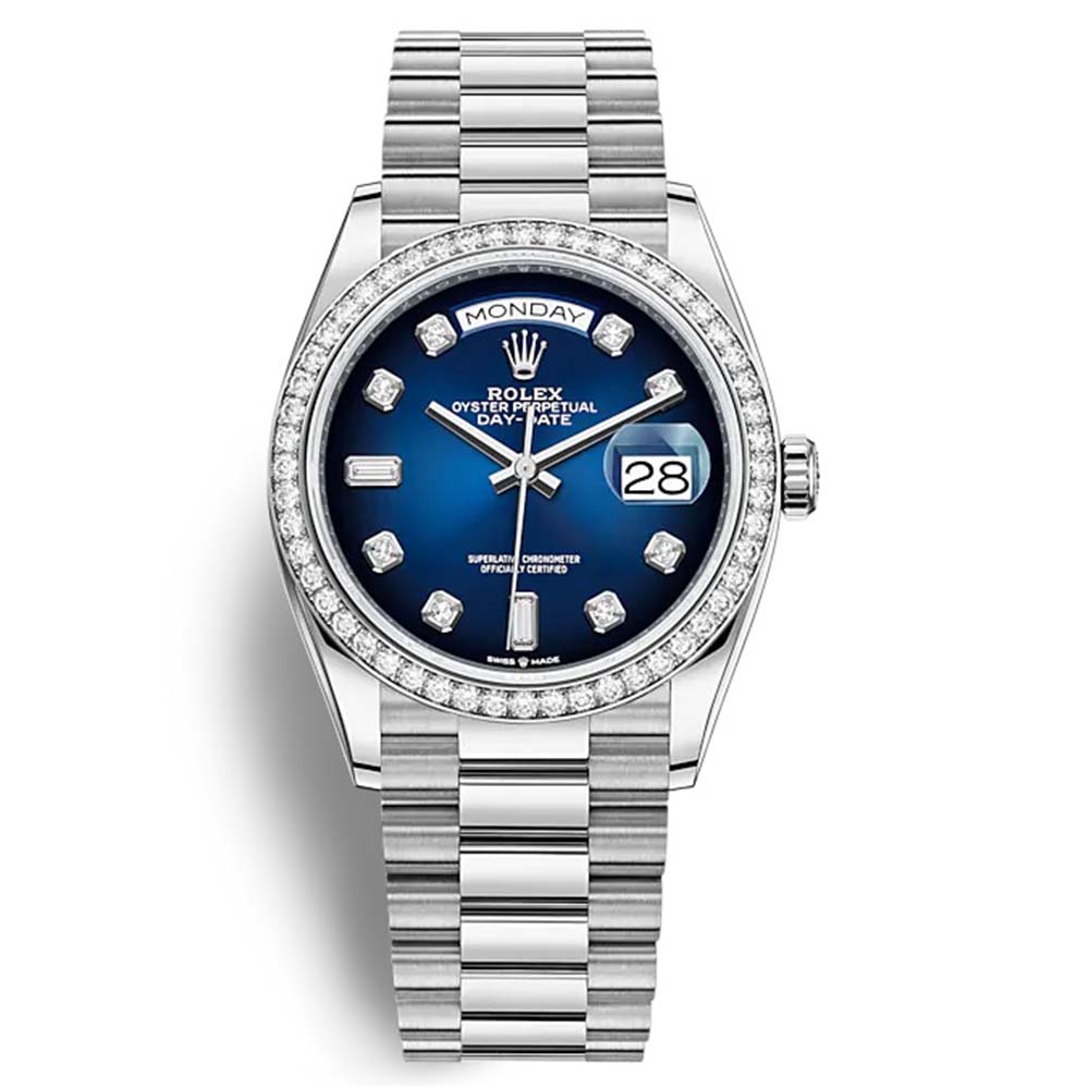 Rolex Women Day-Date Classic Watches Oyster 36 mm in White Gold and Diamonds-Blue (1)