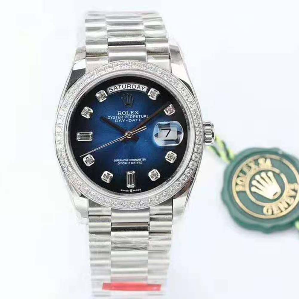 Rolex Women Day-Date Classic Watches Oyster 36 mm in White Gold and Diamonds-Blue (2)