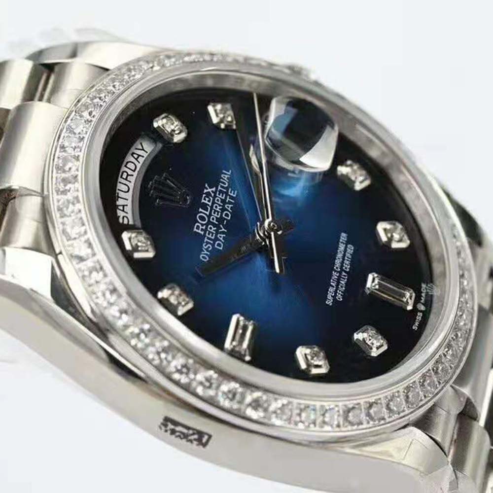 Rolex Women Day-Date Classic Watches Oyster 36 mm in White Gold and Diamonds-Blue (5)