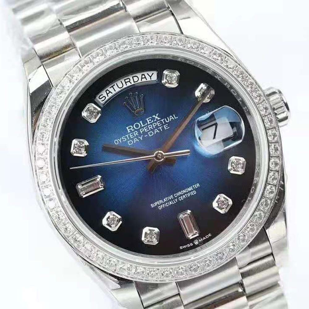 Rolex Women Day-Date Classic Watches Oyster 36 mm in White Gold and Diamonds-Blue (7)