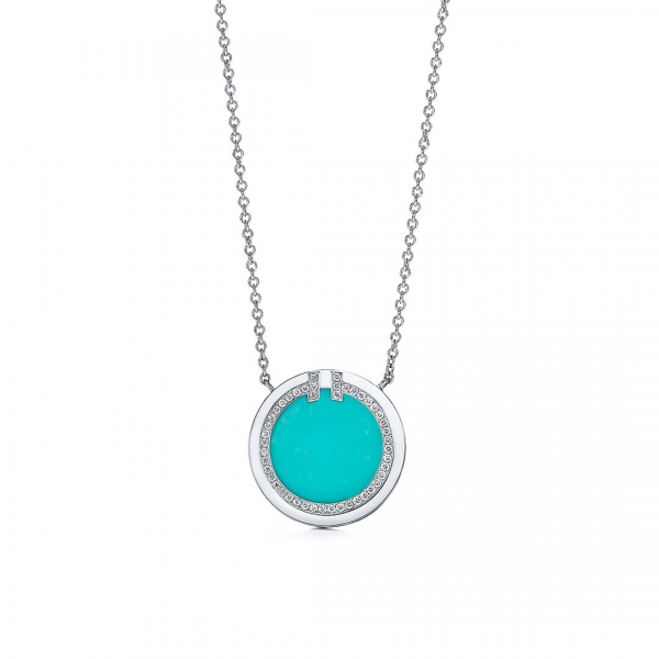 Tiffany T Diamond and Turquoise Circle Pendant in White Gold-Blue