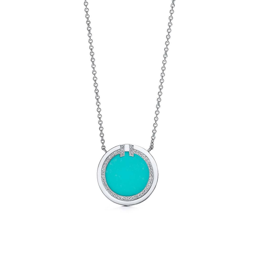 Tiffany T Diamond and Turquoise Circle Pendant in White Gold-Blue