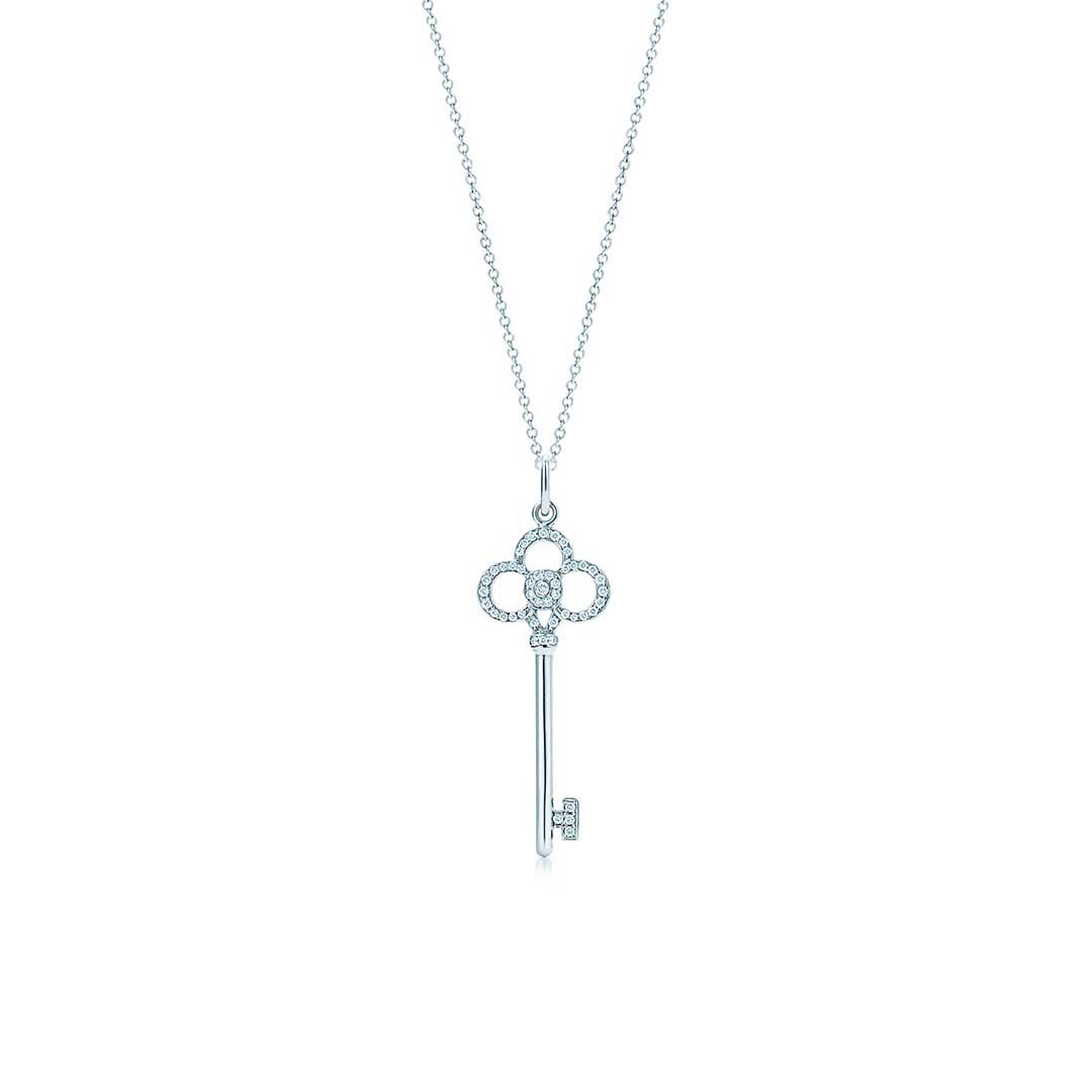 Tiffany Keys Crown Key Necklaces in White Gold with Diamonds-Silver (1)