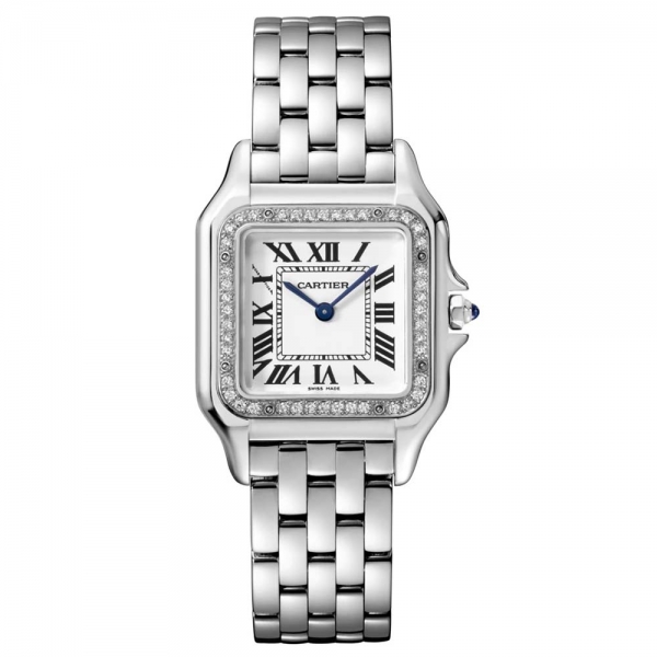 Cartier Panthere De Cartier Watch Medium Model Quartz Movement in Steel and Diamonds-Silver (1)
