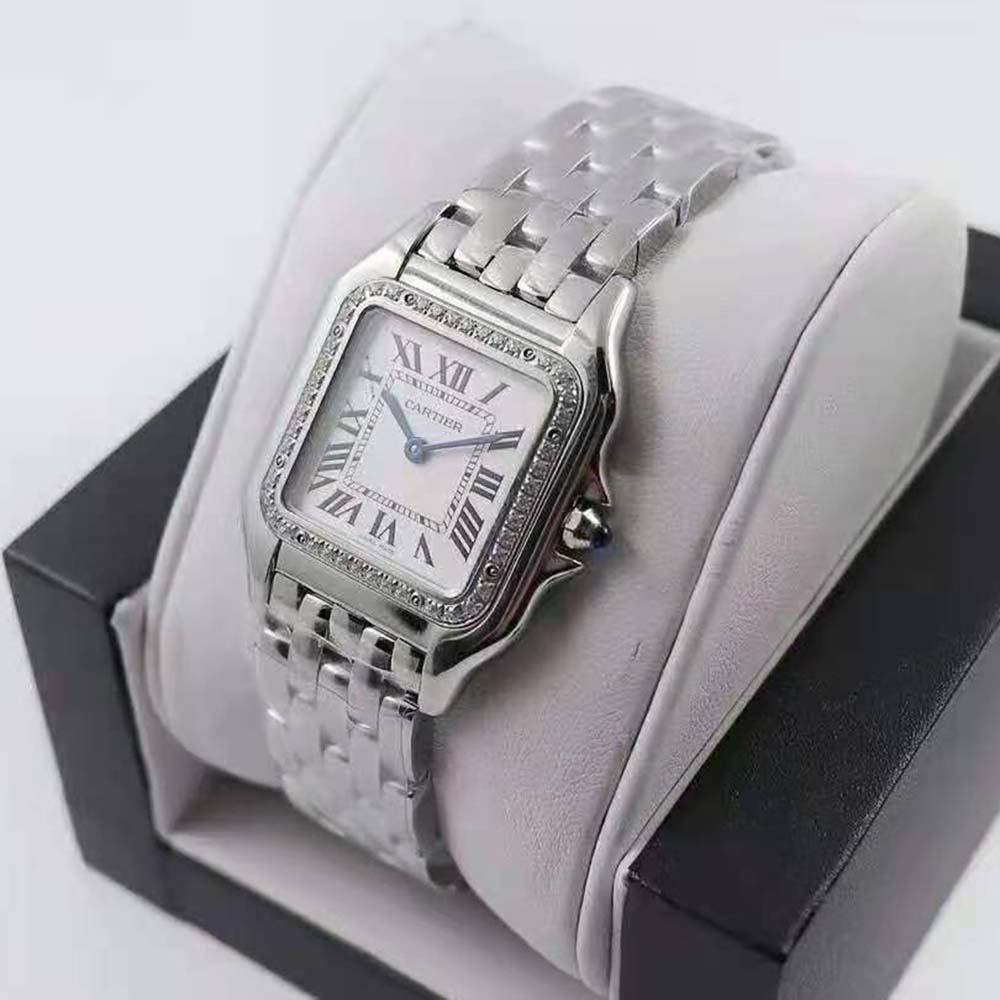Women Panthère De Cartier Watch Medium Model Quartz Movement in Steel and Diamonds-Silver (4)