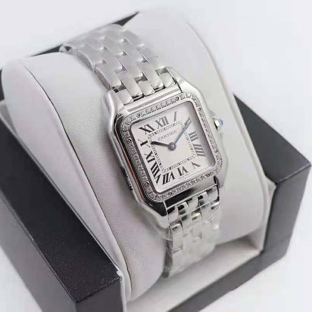 Women Panthère De Cartier Watch Medium Model Quartz Movement in Steel and Diamonds-Silver (5)