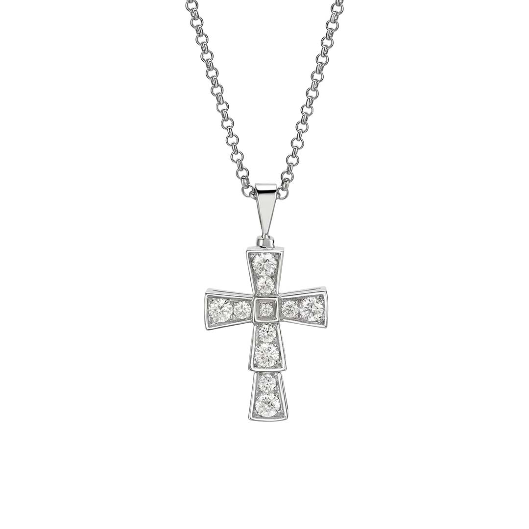 Bulgari Unisex Croce Pendants Necklace in White Gold and Pave Diamonds-Silver