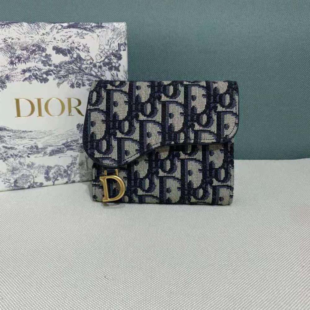 Dior Women Saddle Lotus Wallet with Blue Dior Oblique Jacquard (2)