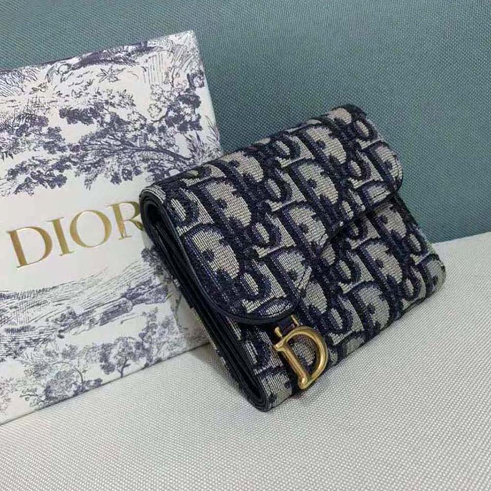 Dior Women Saddle Lotus Wallet with Blue Dior Oblique Jacquard (3)