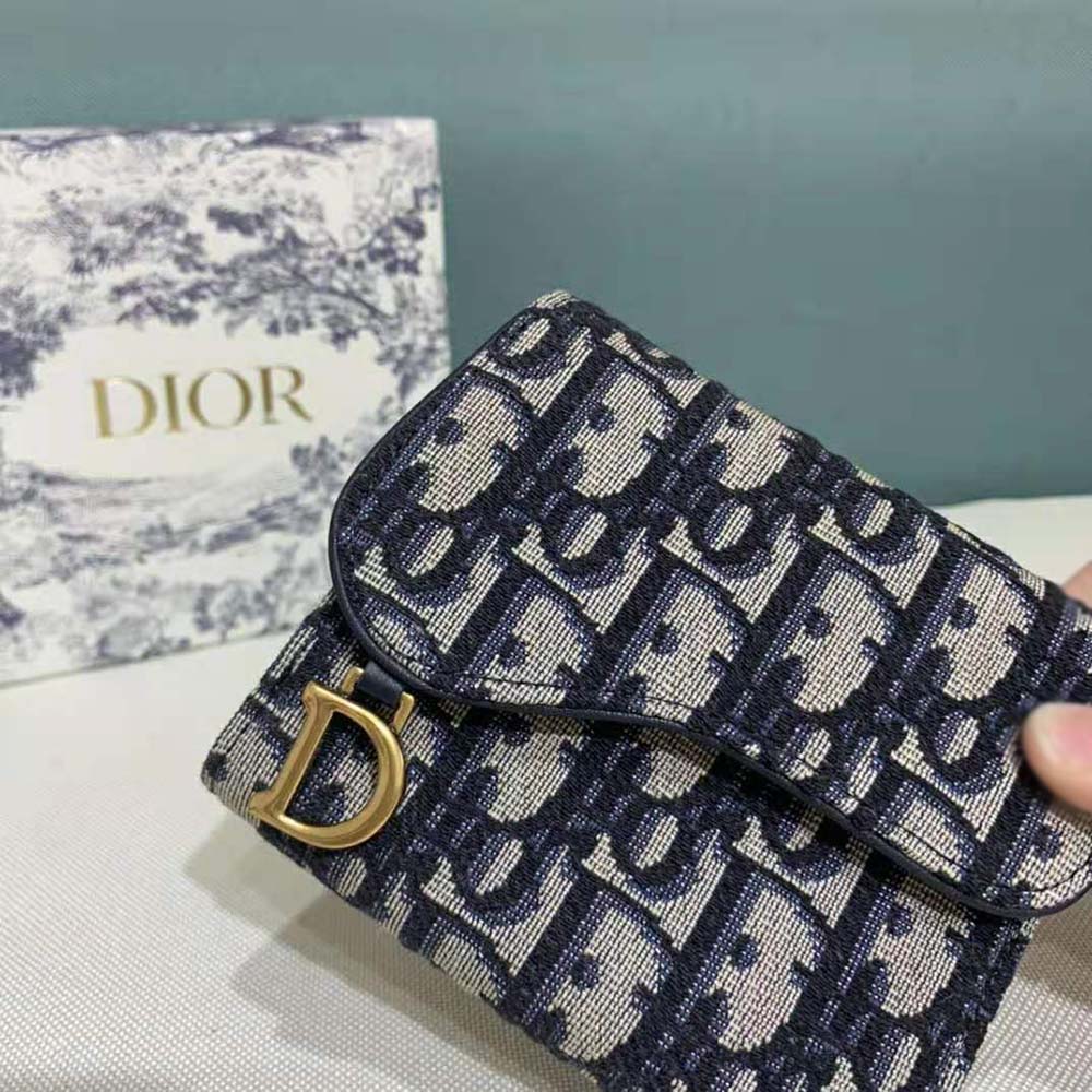 Dior Women Saddle Lotus Wallet with Blue Dior Oblique Jacquard (5)