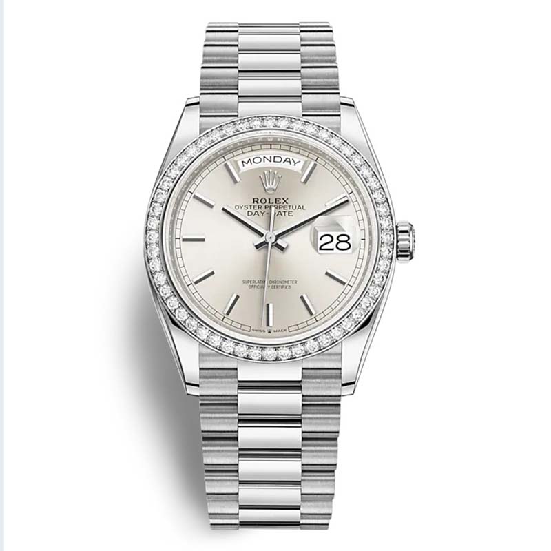 Rolex Men Day-Date Classic Watches Oyster 36 mm in White Gold and Diamonds-Silver