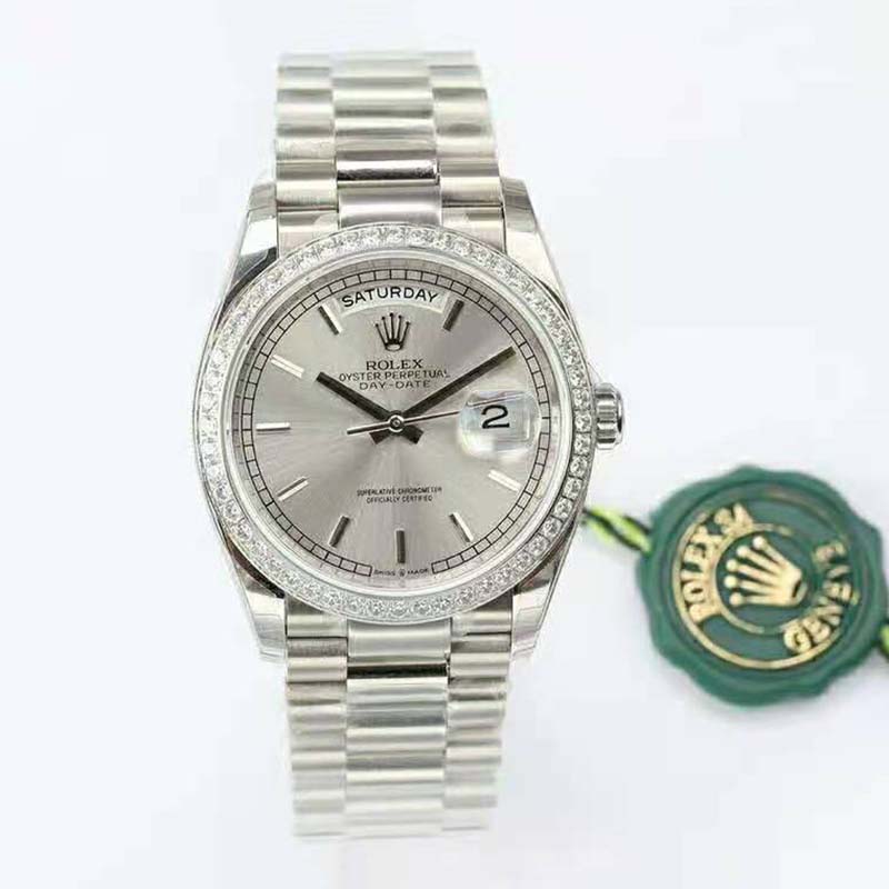 Rolex Men Day-Date Classic Watches Oyster 36 mm in White Gold and Diamonds-Silver (2)