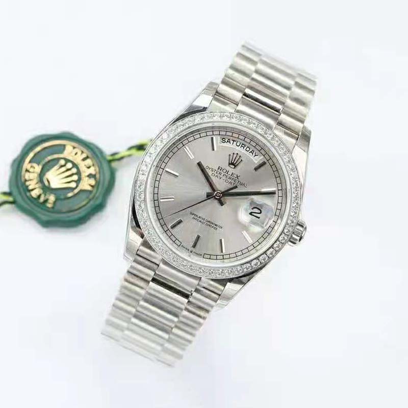 Rolex Men Day-Date Classic Watches Oyster 36 mm in White Gold and Diamonds-Silver (3)