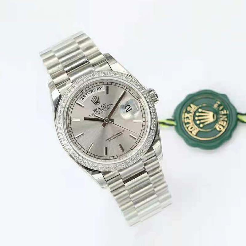 Rolex Men Day-Date Classic Watches Oyster 36 mm in White Gold and Diamonds-Silver (4)