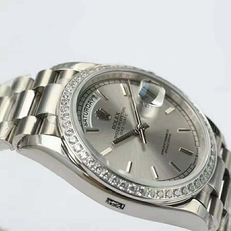 Rolex Men Day-Date Classic Watches Oyster 36 mm in White Gold and Diamonds-Silver (5)