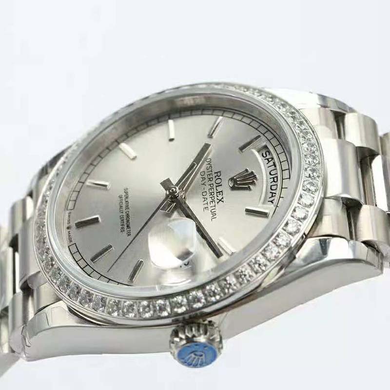 Rolex Men Day-Date Classic Watches Oyster 36 mm in White Gold and Diamonds-Silver (6)