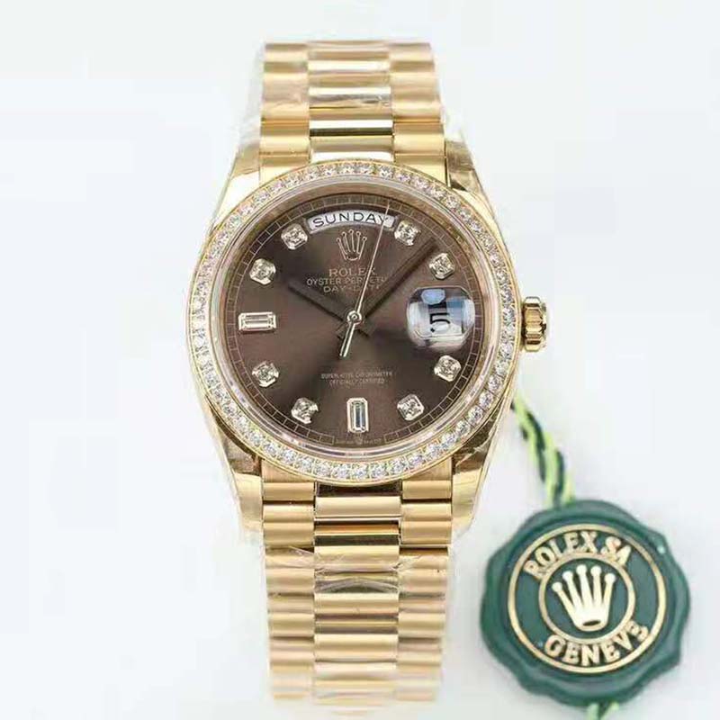 Rolex Women Day-Date Classic Watches Oyster 36 mm in Yellow Gold and Diamonds-Brown (2)