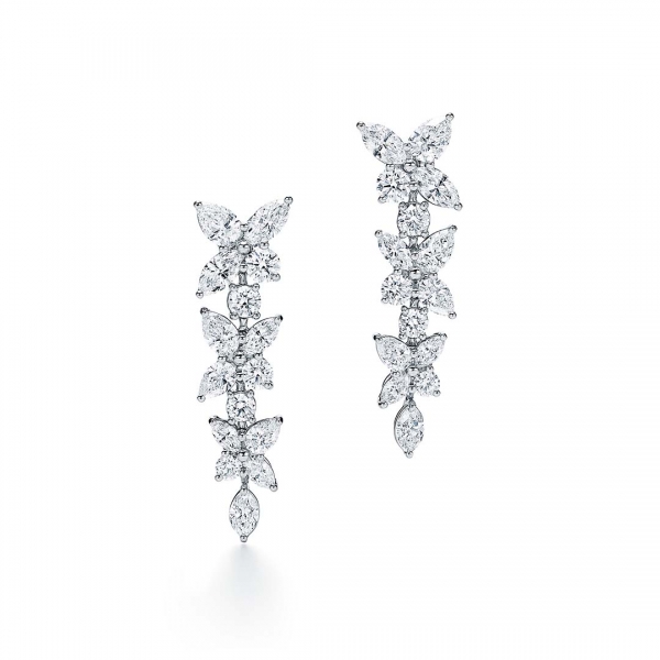 Tiffany Victoria Mixed Cluster Drop Earrings in Platinum with Diamonds-Silver
