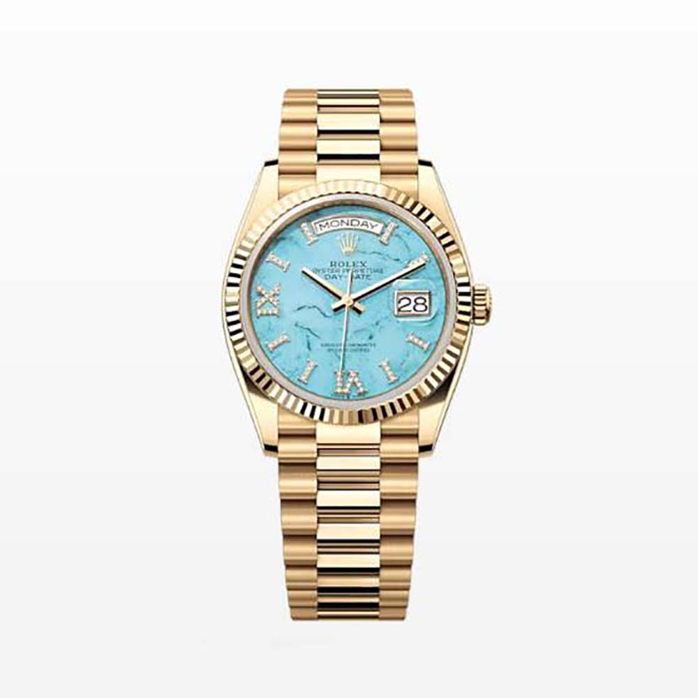 Rolex Women More Day-Date Technical Details 36 mm in 18 Yellow Gold-Blue