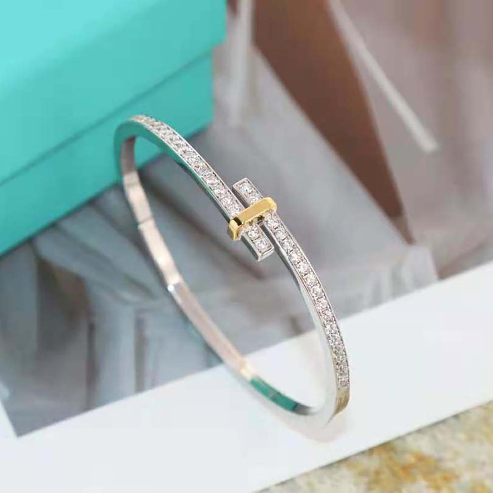 Tiffany Edge Hinged Bypass Bangle in Platinum and Yellow Gold with Diamonds (2)