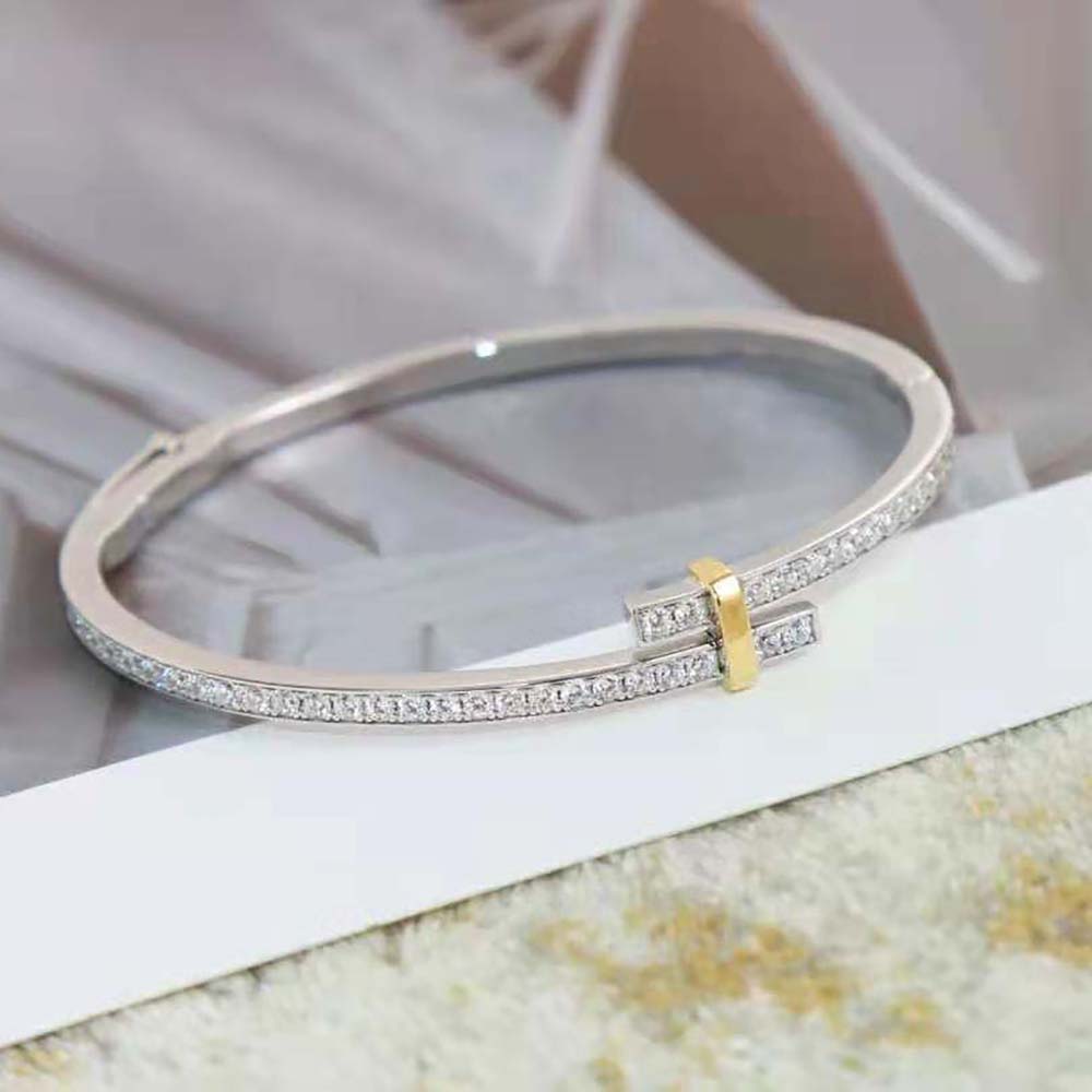 Tiffany Edge Hinged Bypass Bangle in Platinum and Yellow Gold with Diamonds (4)