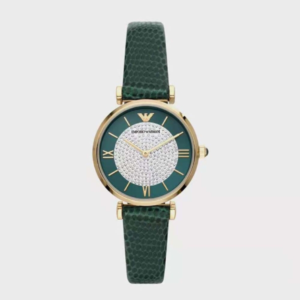 Armani Women Two-Hand Gray Leather Watch Quartz Movement 32 mm in Steel-Green (1)