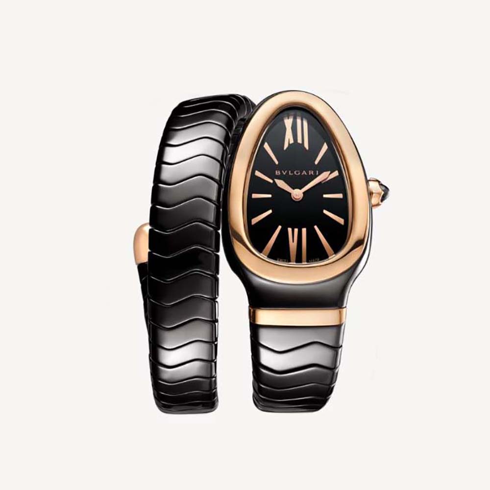 Bulgari Women Serpenti Spiga Watch Quartz Movement 35 mm in Rose Gold-Black