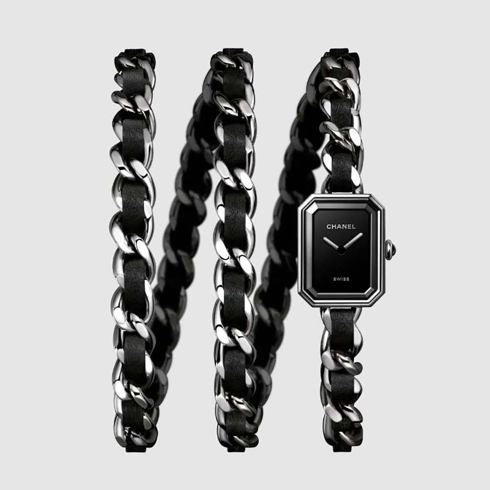 Chanel Women Première Iconic Chain Watch Quartz Movement in Steel and Black Leather-Black