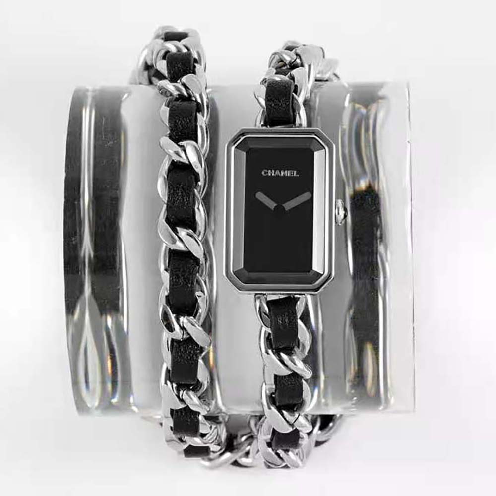 Chanel Women Première Iconic Chain Watch Quartz Movement in Steel and Black Leather-Black (2)