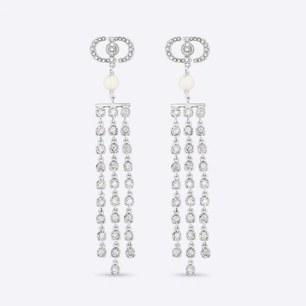 Dior Women 30 Montaigne Earrings Silver-Finish Metal with White Resin Pearls and Silver-Tone Crystals