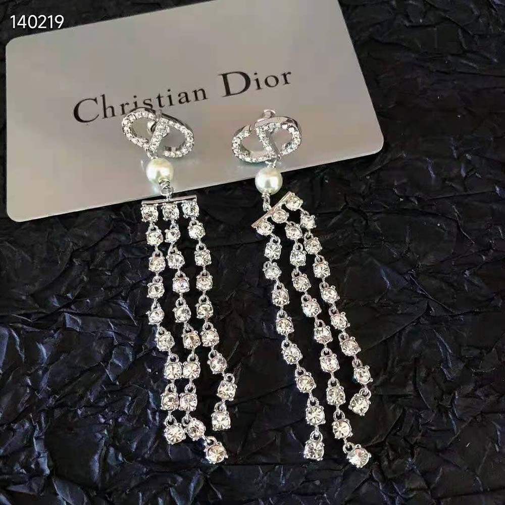 Dior Women 30 Montaigne Earrings Silver-Finish Metal with White Resin Pearls and Silver-Tone Crystals (9)