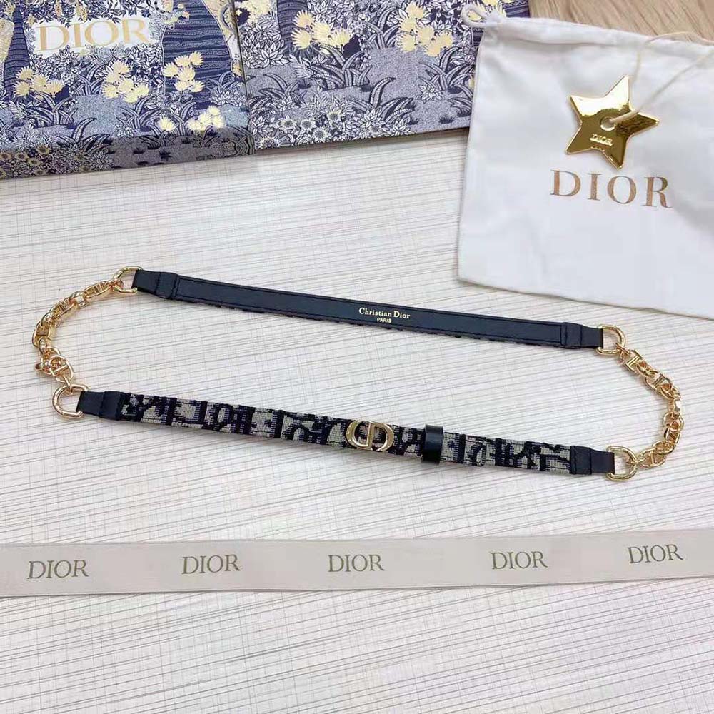 Dior Women Caro Belt Blue Dior Oblique Jacquard with Shiny Gold-Finish Metal 15 MM (2)
