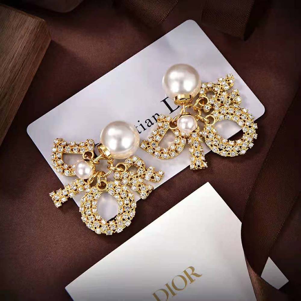 Dior Women Dior Tribales Earring Gold-Finish Metal with White Resin Pearls and Silver-Tone Crystals (2)