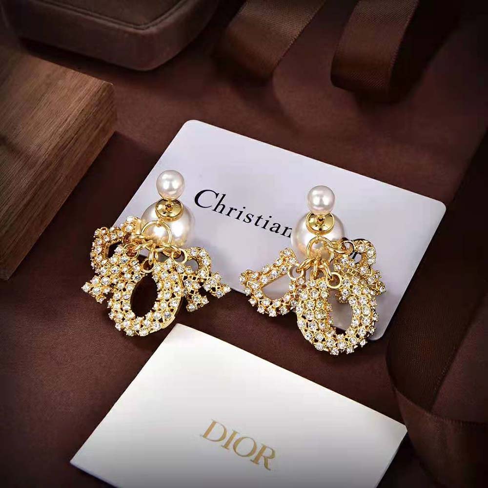 Dior Women Dior Tribales Earring Gold-Finish Metal with White Resin Pearls and Silver-Tone Crystals (3)