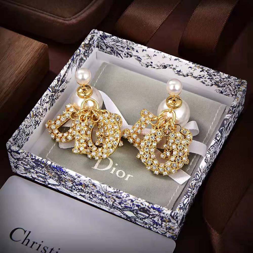 Dior Women Dior Tribales Earring Gold-Finish Metal with White Resin Pearls and Silver-Tone Crystals (5)
