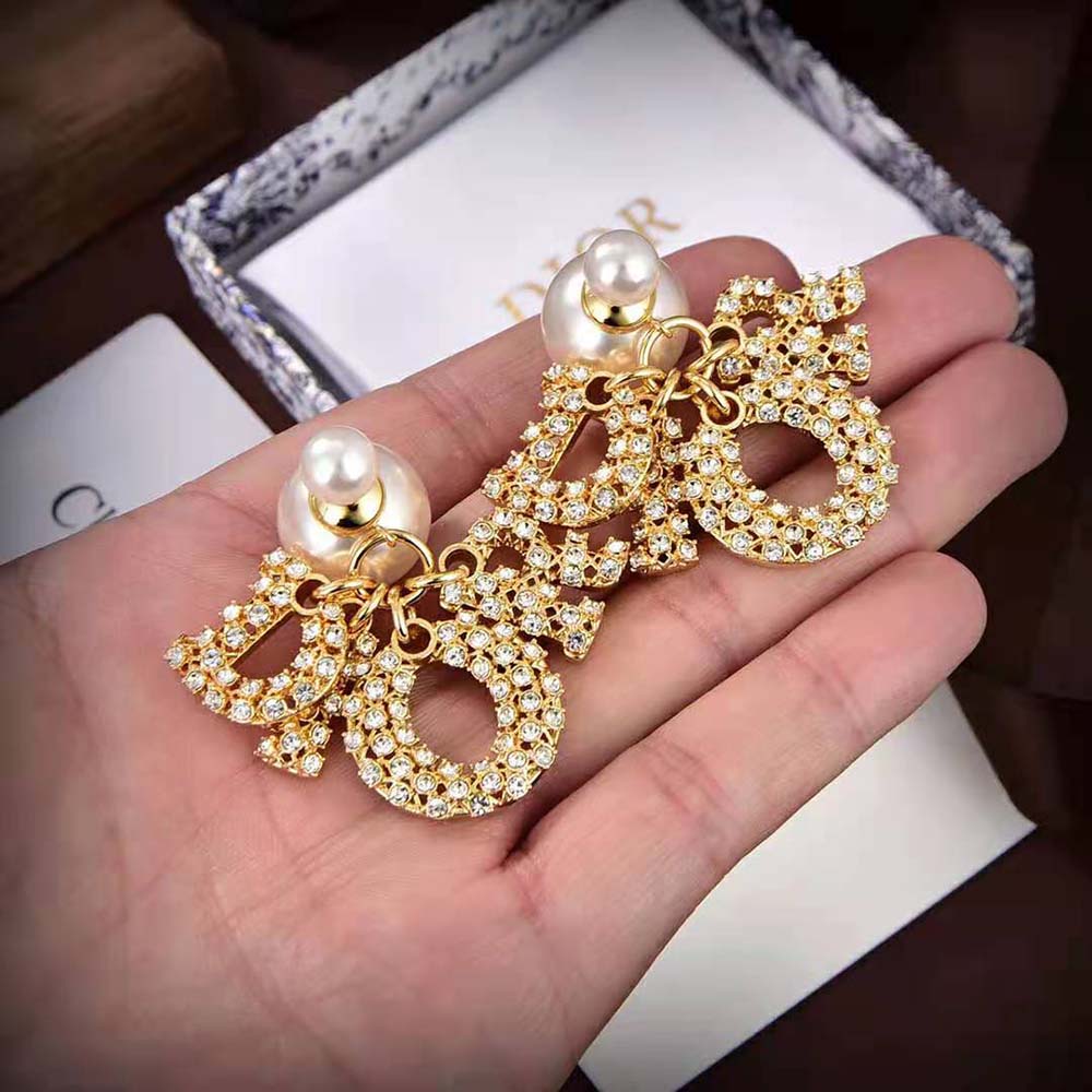 Dior Women Dior Tribales Earring Gold-Finish Metal with White Resin Pearls and Silver-Tone Crystals (6)