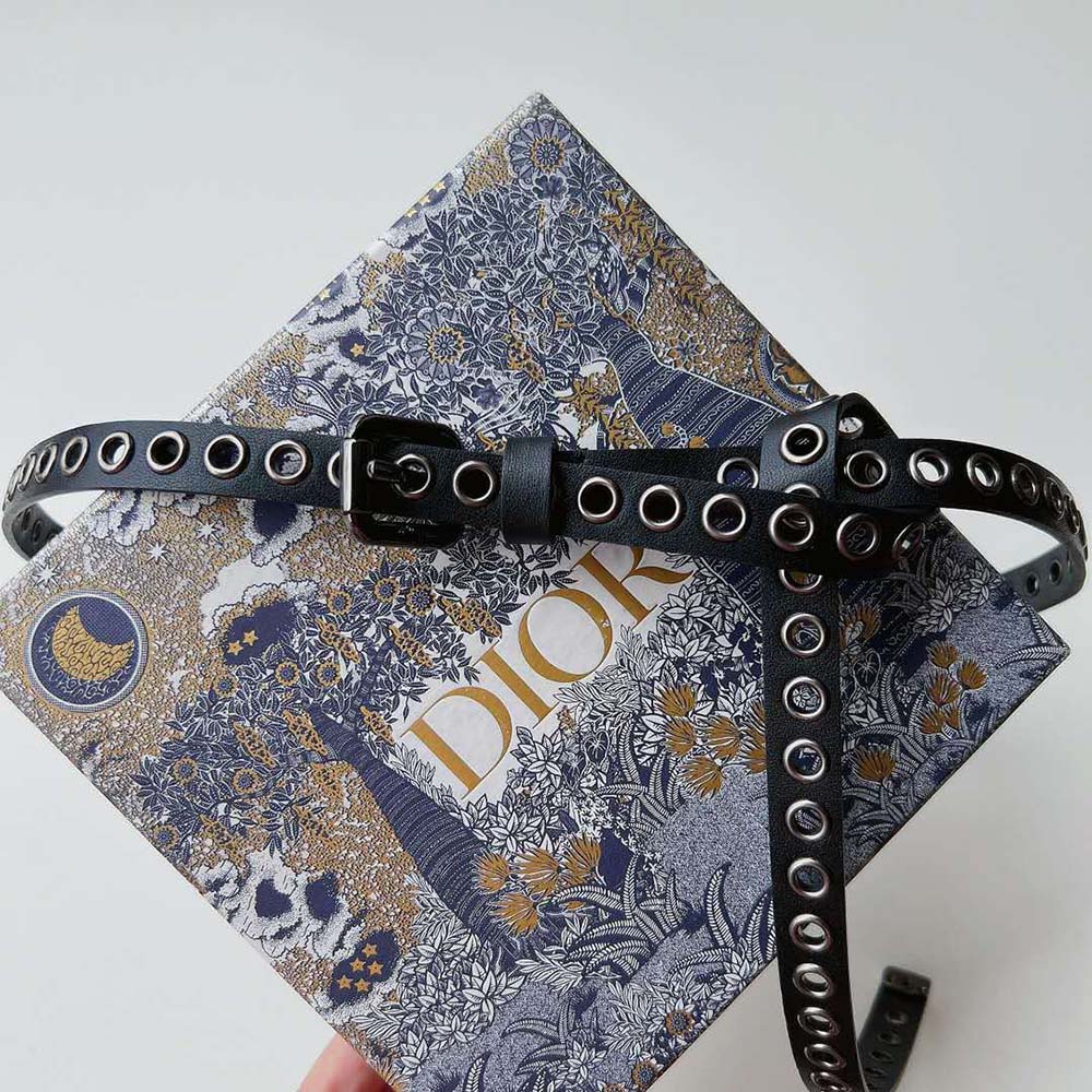 Dior Women Diorevolt Belt Black Smooth Calfskin with Ruthenium-Finish Metal Eyelets (4)