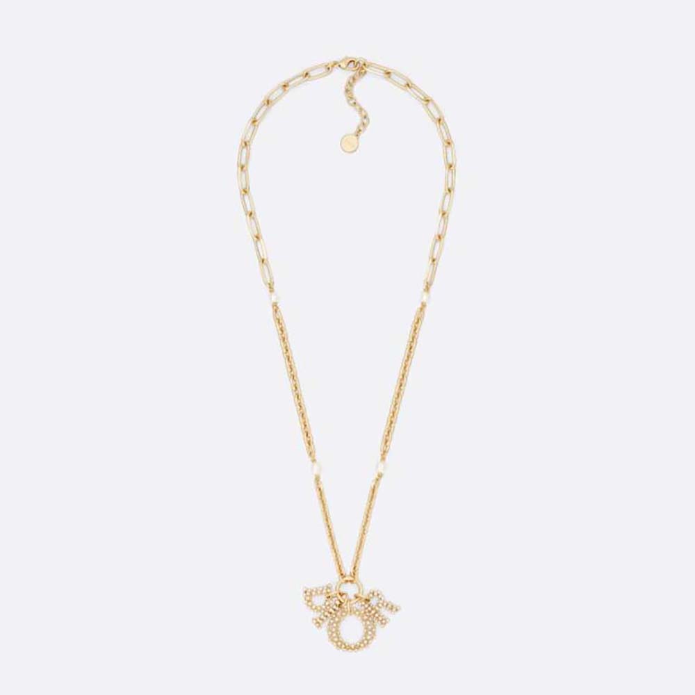Dior Women Lady Dior Necklace Gold-Finish Metal with White Resin Pearls and Silver-Tone Crystals