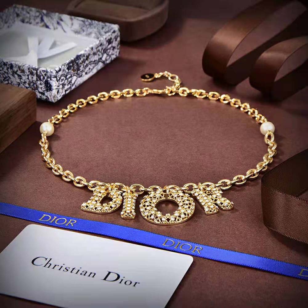 Dior Women Lady Dior Necklace Gold-Finish Metal with White Resin Pearls and Silver-Tone Crystals (4)