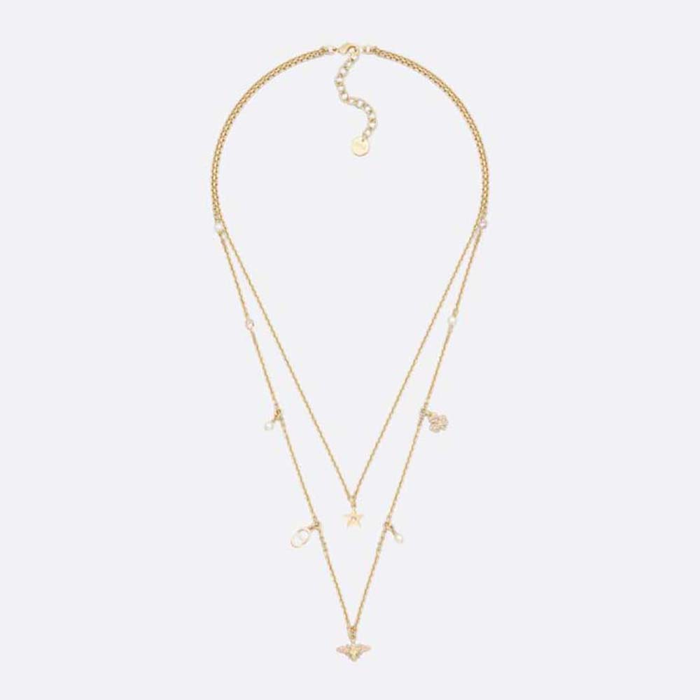 Dior Women Lucky Dior Necklace Gold-Finish Metal with White Resin Pearls and Pink Crystals