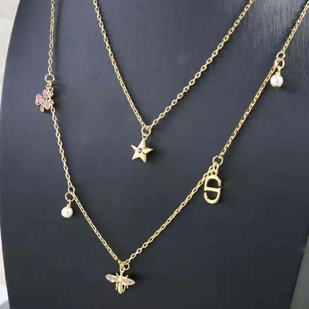 Dior Women Lucky Dior Necklace Gold-Finish Metal with White Resin Pearls and Pink Crystals (2)