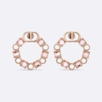 Dior Women Petit CD Earrings Bronze-Finish Metal with White Resin Pearls and Light Pink Crystals