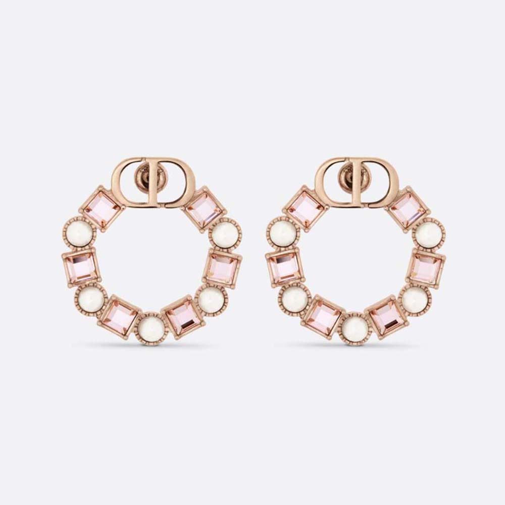 Dior Women Petit CD Earrings Bronze-Finish Metal with White Resin Pearls and Light Pink Crystals